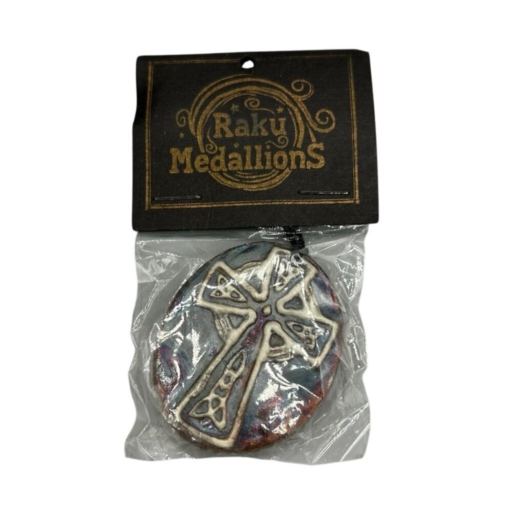 Raku Medallions Cross Pendant Handmade Ceramic Mexico NWT